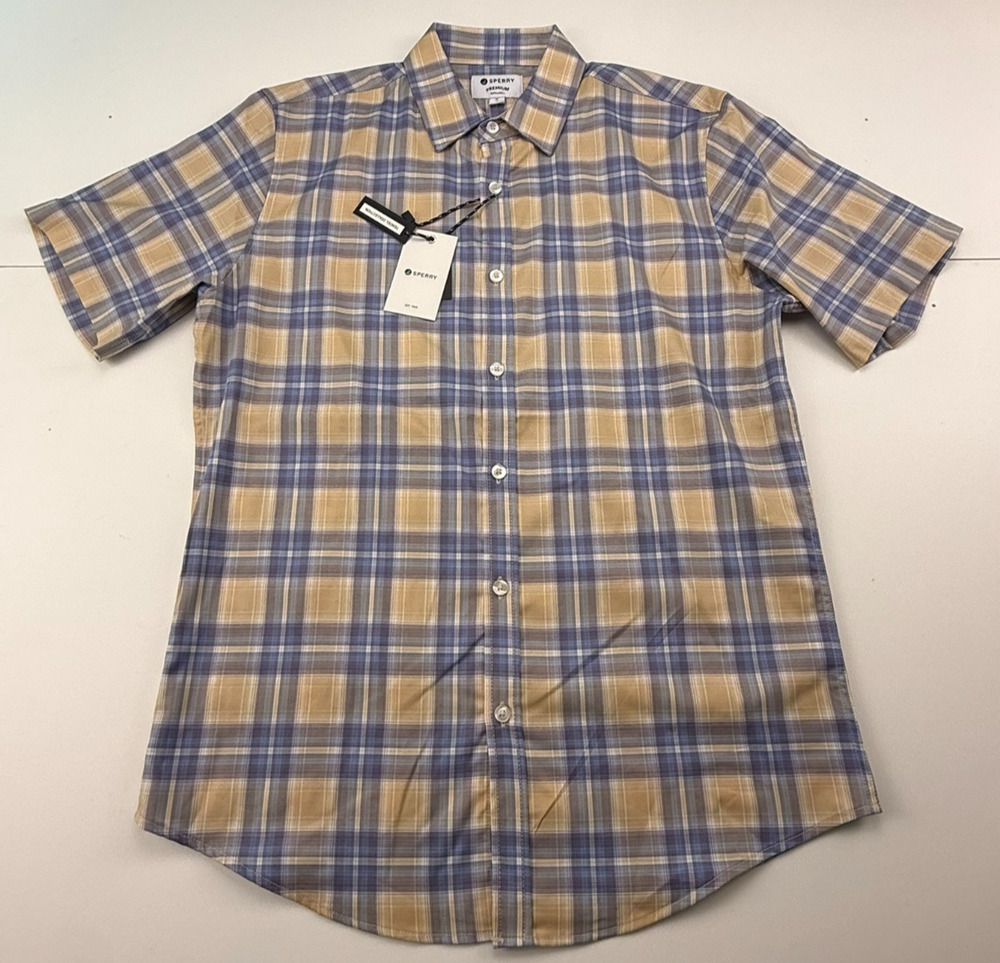 Sperry Men's TENCEL Blue Plaid Button Down Shirt Short Sleeve Size S NWT